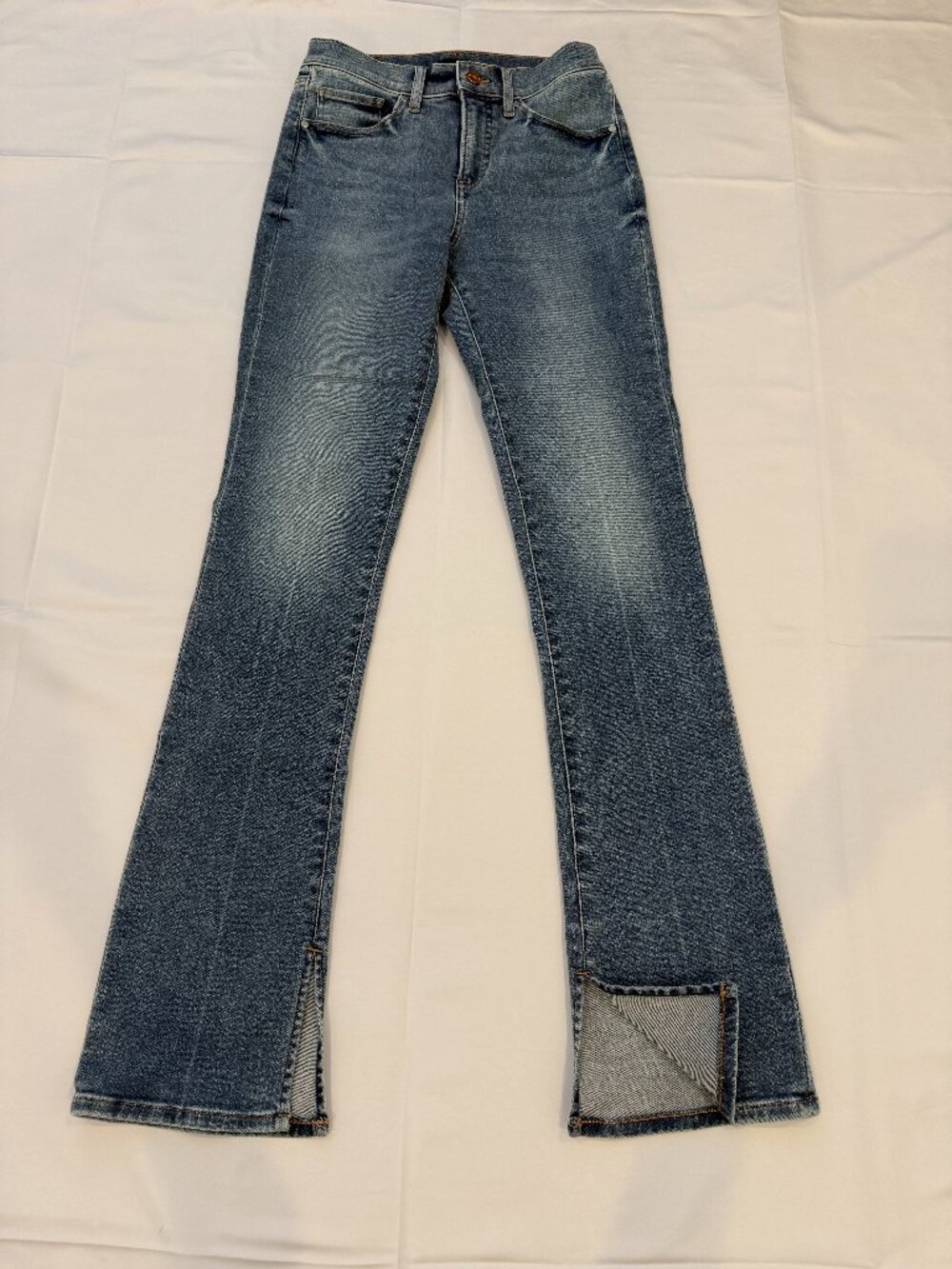 Express Skyscraper Mid Rise Jeans Size 4R Split Hem Flare Blue Denim